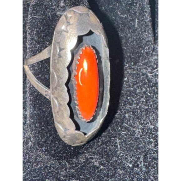 Shadow Box Coral Navajo Native American Sterling Silver Ring Size 7 - Picture 3 of 9